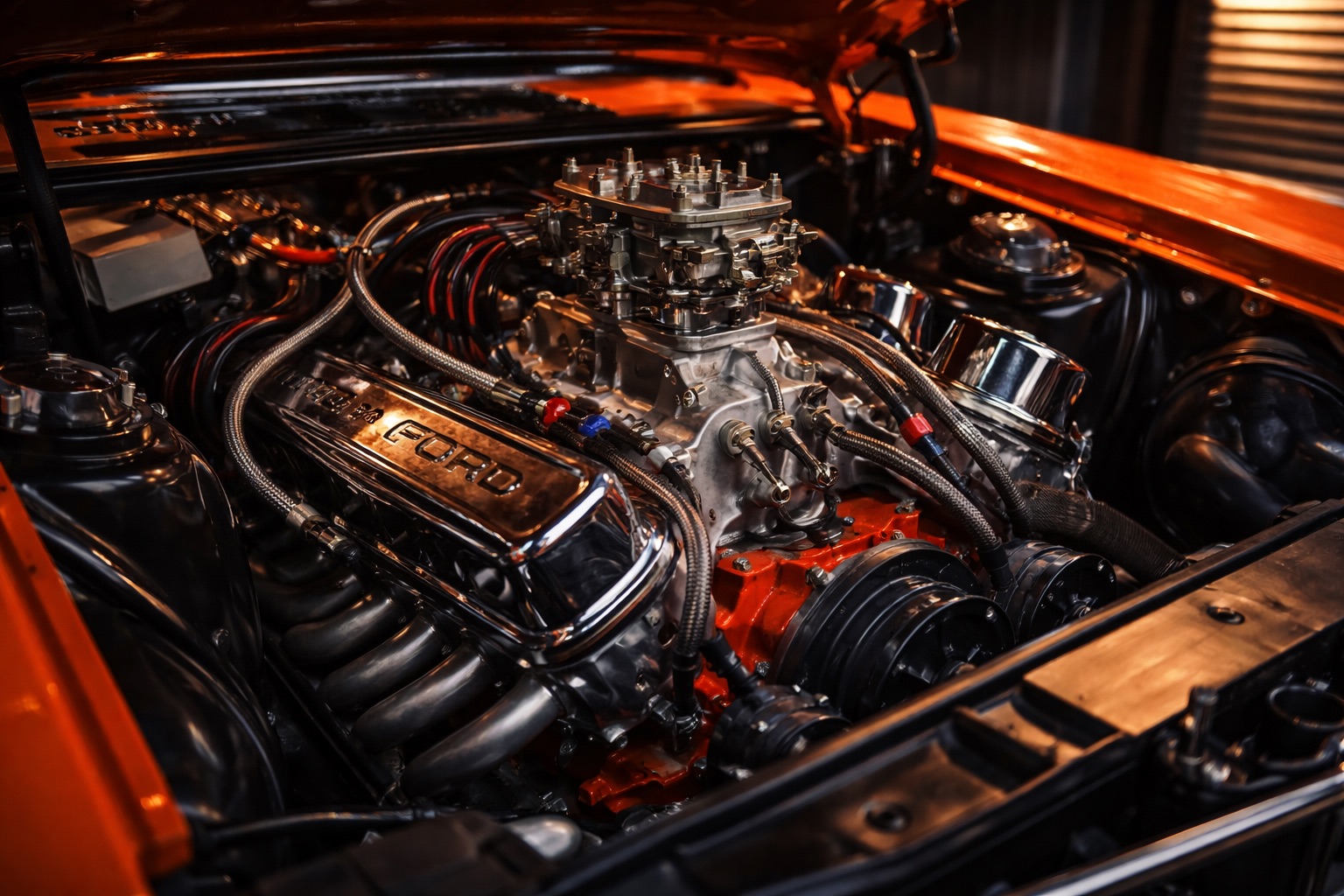 Detailed Ford V8 engine bay
